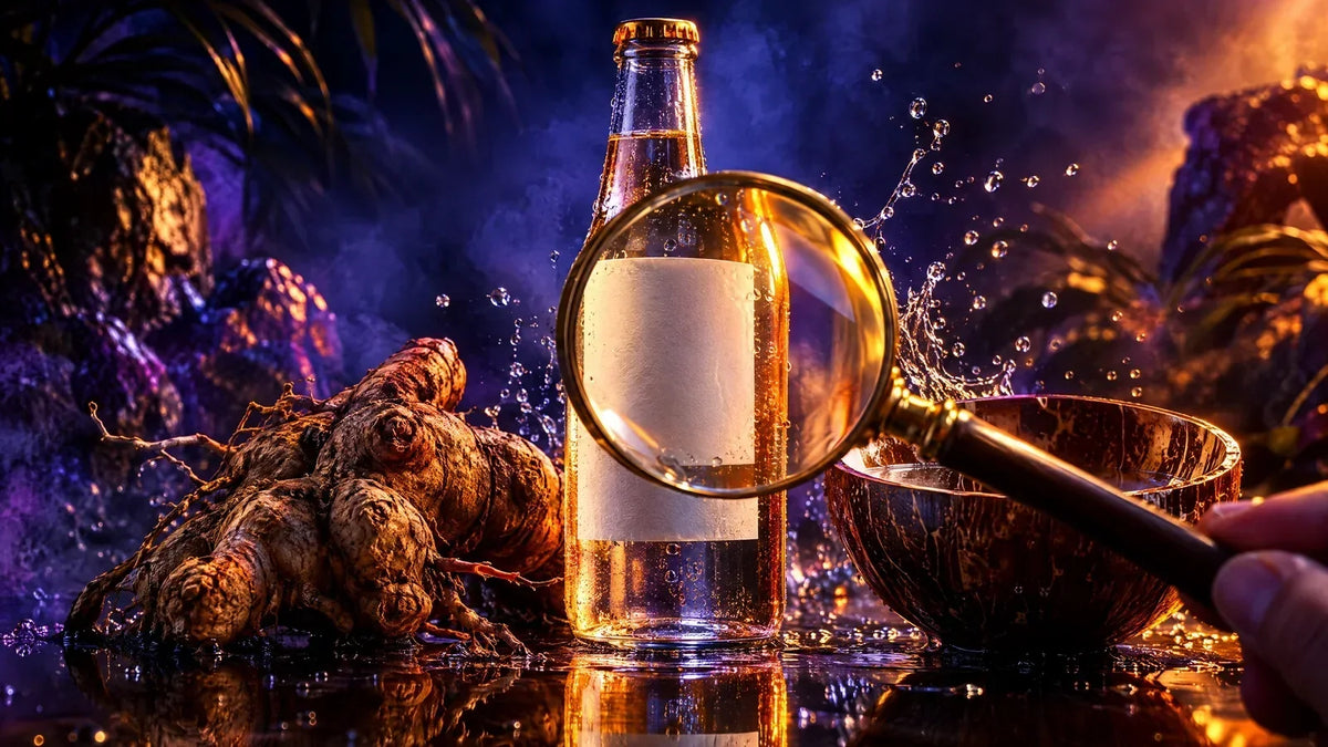 Is kava addictive: a glass tonic bottle with a blank label seen through a brass magnifying glass, a kava root and a coconut shell bowl beside it, liquid splashing, in indigo and amber light.