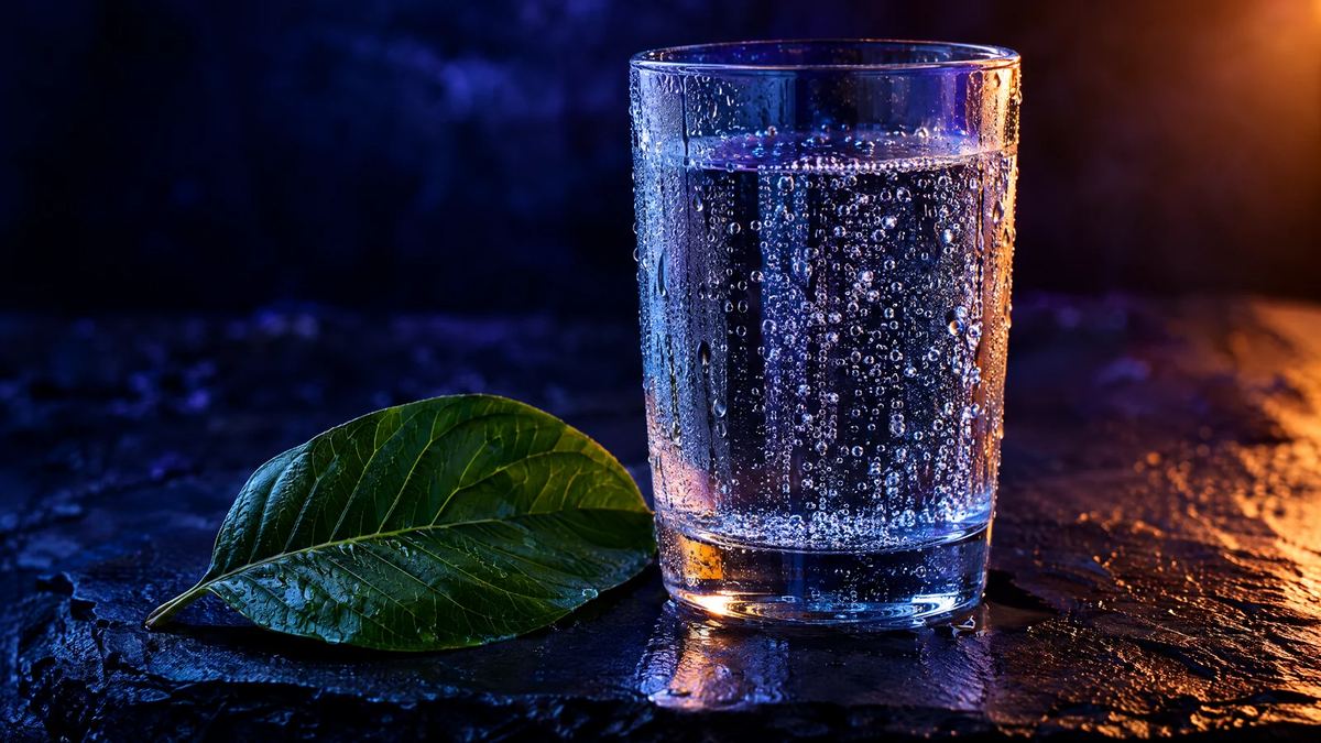 Glass of sparkling water beside a single green leaf on dark stone under blue light