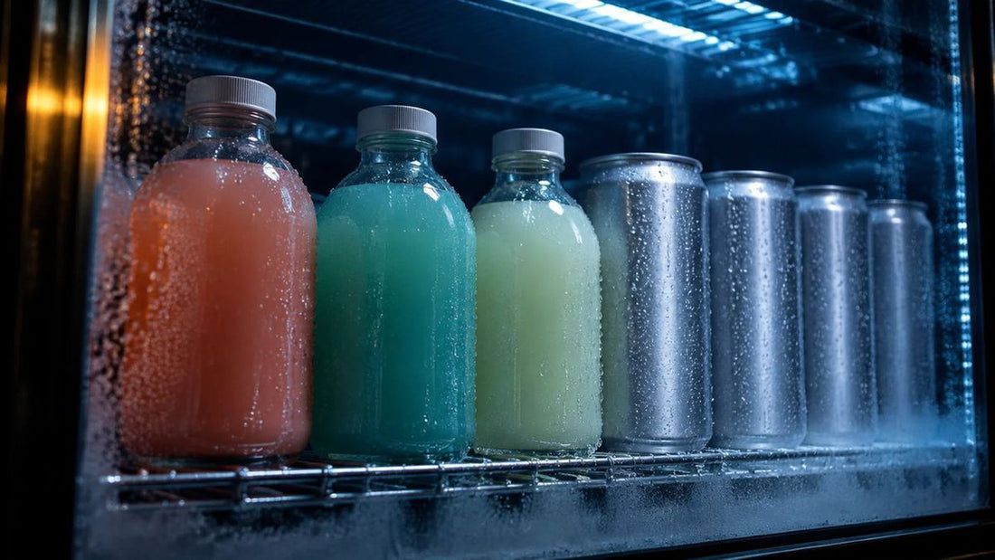 Bottled drinks and cans lined up in a lit store cooler