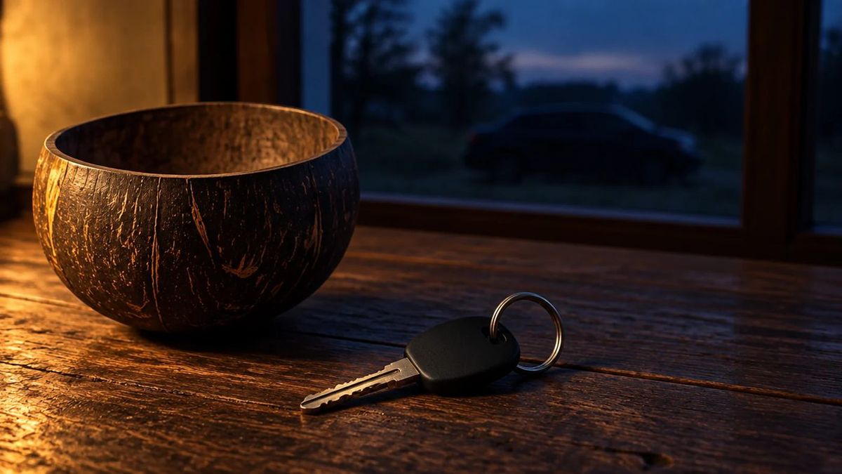 Coconut-shell cup and a car key on a wooden table by a window at dusk