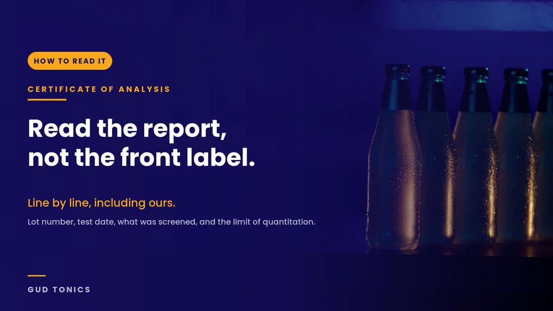 Unlabelled glass bottles beaded with condensation under indigo light, under type reading Read the report, not the front label.