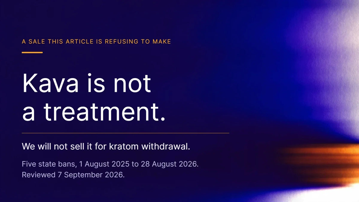 Deep indigo title card. Kicker: A sale this article is refusing to make. Headline: Kava is not a treatment. Below it: We will not sell it for kratom withdrawal. Five state bans, 1 August 2025 to 28 August 2026. Reviewed 7 September 2026.