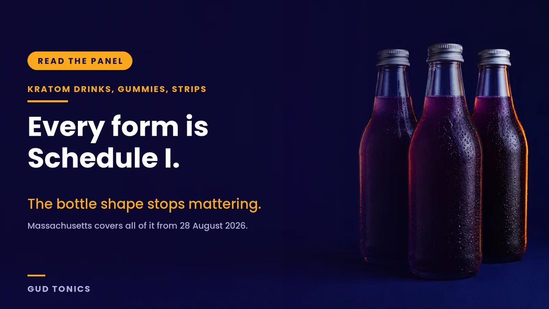Bottled kratom drinks and shots lined up alongside kratom gummies, dissolvable kratom strips, capsules and loose leaf powder under the Massachusetts date 28 August 2026, when every form becomes Schedule I under state law