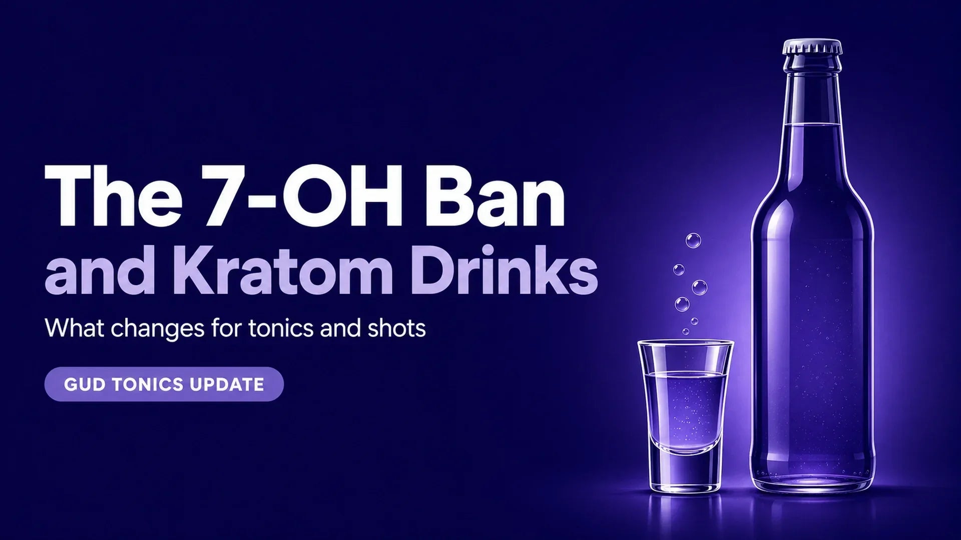 The 7-OH Ban and Kratom Drinks blog header from GUD Tonics, with a violet bottle and shot glass and the subtitle what changes for tonics and shots