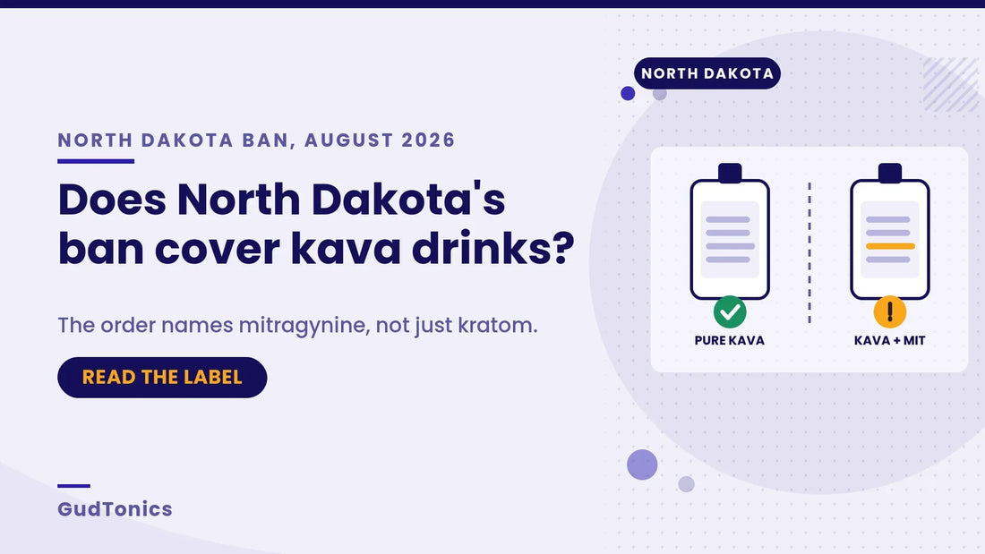 Blog header from GudTonics asking does North Dakota's ban cover kava drinks, showing a pure kava label marked clear and a kava plus MIT label flagged, because the order names mitragynine as well as kratom