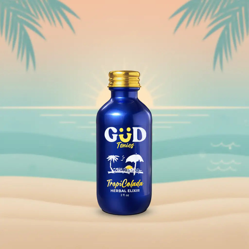 Three GÜD Tonics kava kratom drink bottles, guava, cherry strawberry lime and pineapple colada flavors