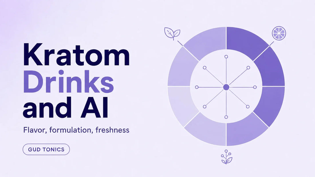 Kratom drinks and AI blog header from GudTonics, showing a bright flavor wheel graphic on a light lavender background, subtitled flavor, formulation, and freshness