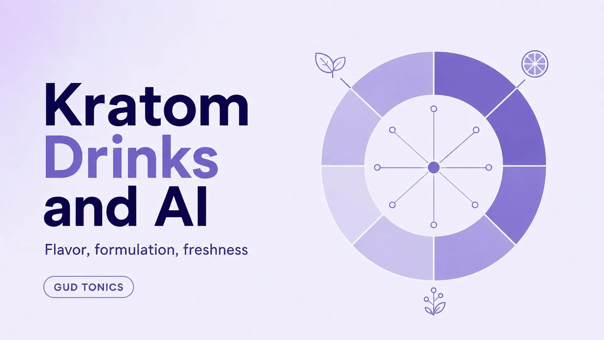 Kratom drinks and AI blog header from GudTonics, showing a bright flavor wheel graphic on a light lavender background, subtitled flavor, formulation, and freshness