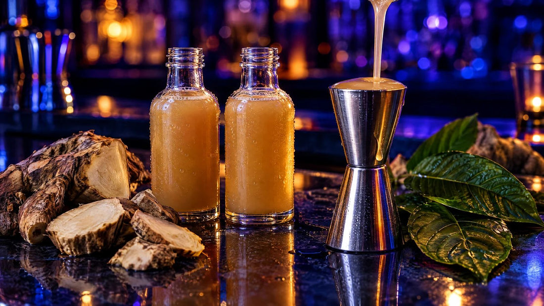 Two amber shot bottles beside a steel bar jigger, kava root and green leaves on a dimly lit bar