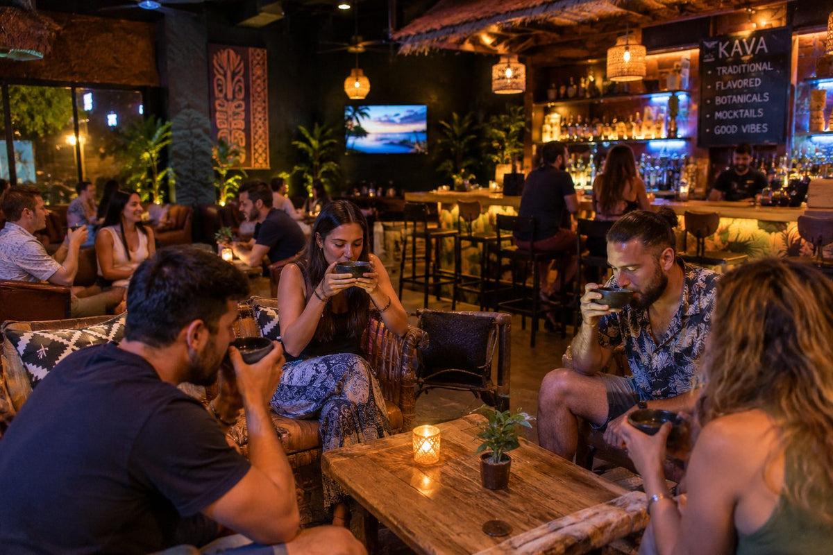 Friends drinking kava from shells around low wooden tables in a dim tropical kava lounge, with a bar and a kava menu board behind them