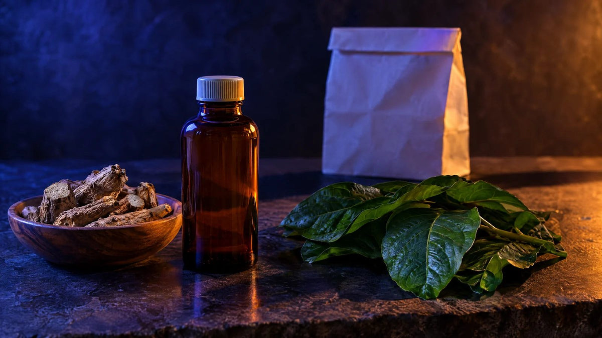 Amber glass bottle beside a bowl of dried kava root, fresh green leaves and a white paper bag on a stone counter