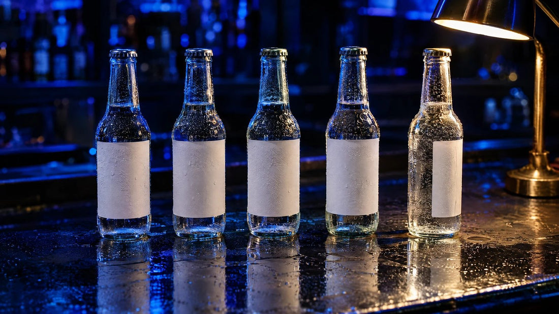 Five glass tonic bottles with blank labels standing on a wet bar counter under a desk lamp