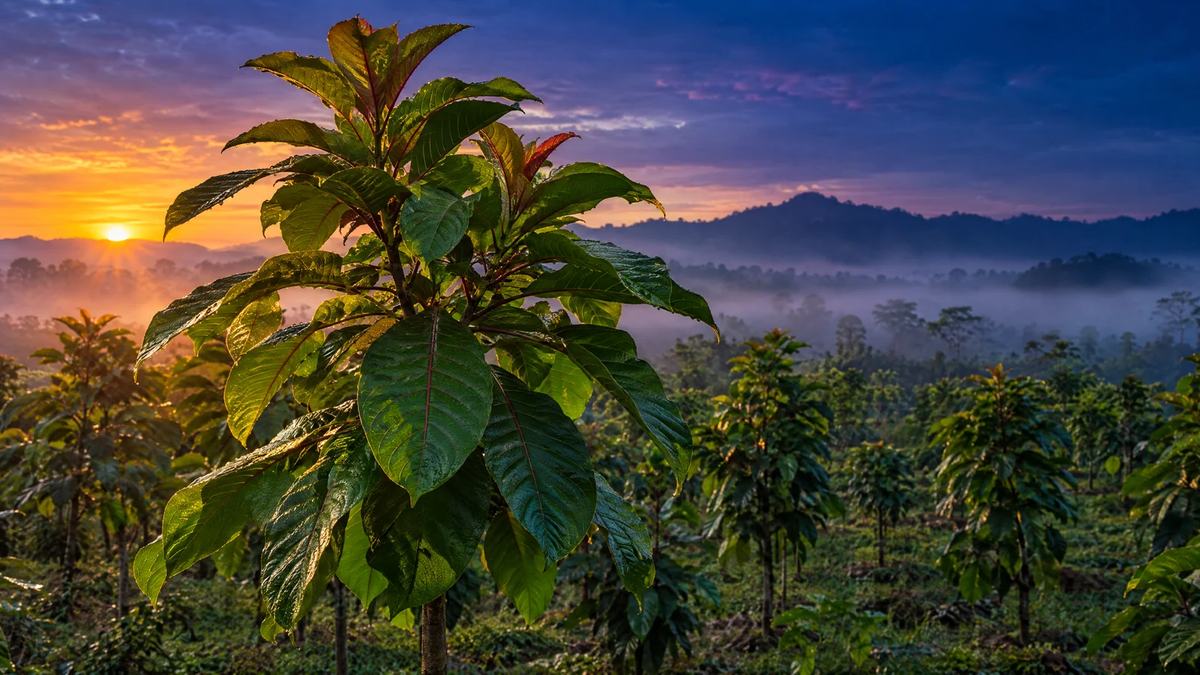 Kratom tree in a misty plantation at sunrise, with hills behind