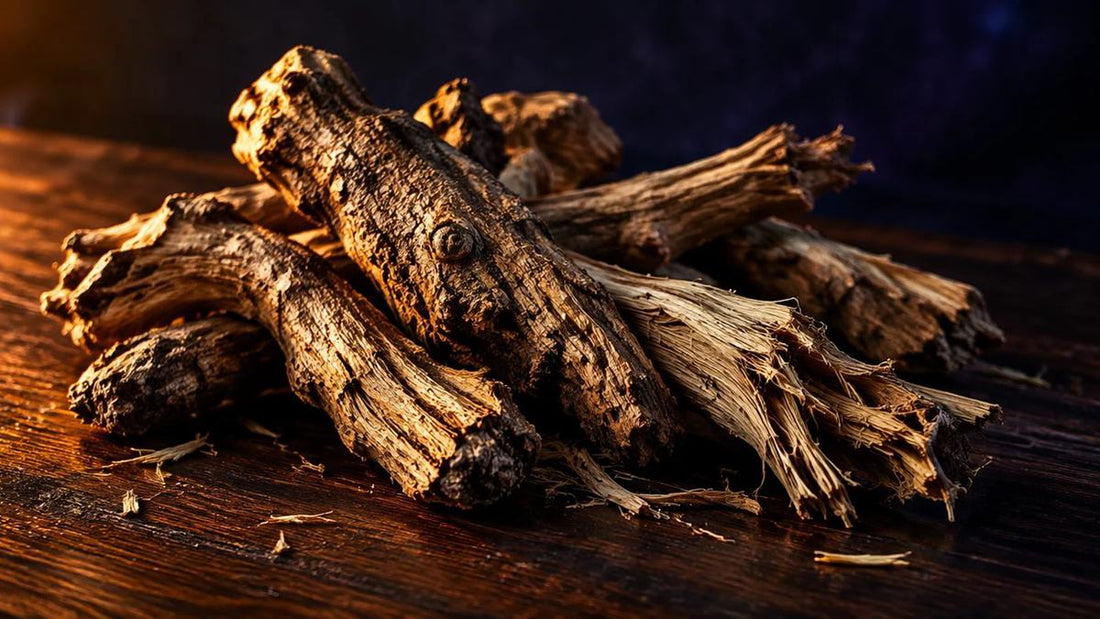 Pile of dried kava root pieces on a dark wooden table