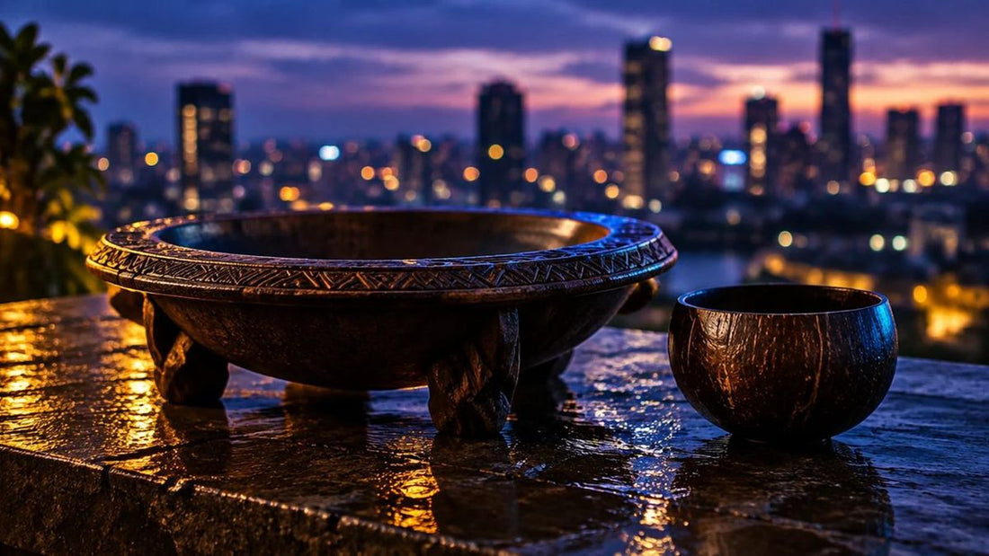 Carved wooden kava bowl and a coconut-shell cup on a ledge above a city at dusk