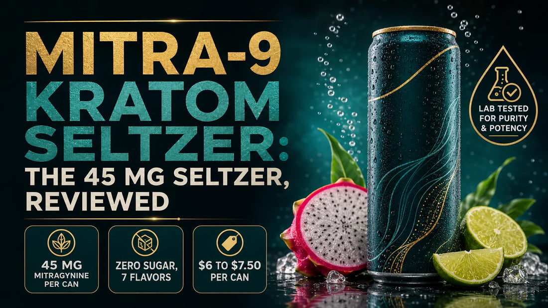 Mitra-9 kratom seltzer educational hero: frosty teal seltzer can with dragon fruit and lime, lab-tested badge, and callouts 45 mg mitragynine per can, zero sugar 7 flavors, $6 to $7.50 per can