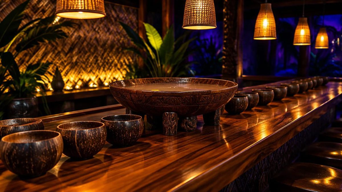 Kava bar counter lined with coconut-shell cups under woven pendant lamps
