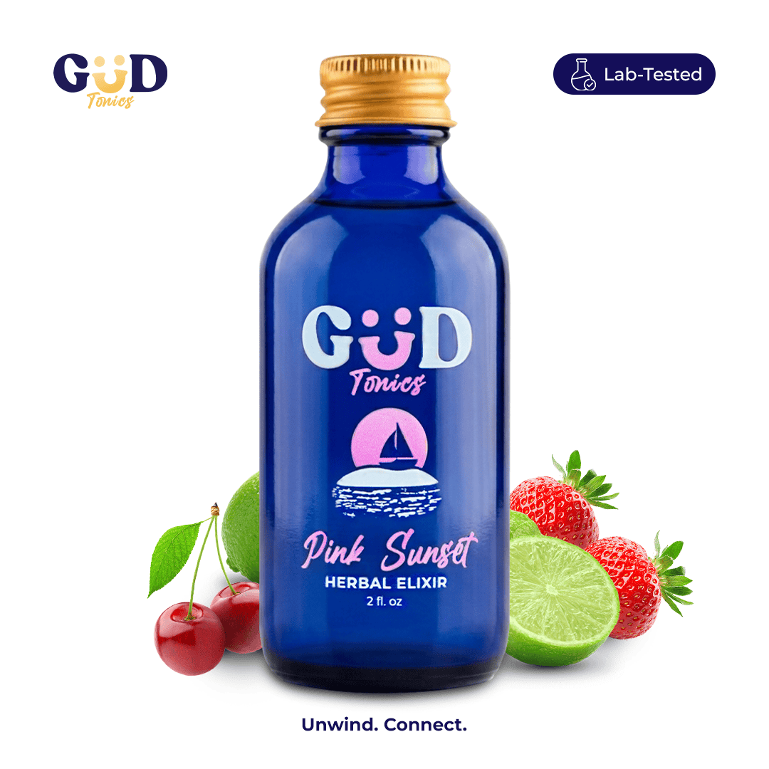 GUD Tonics Pink Sunset kava kratom extract drink - cherry strawberry lime flavor bottle