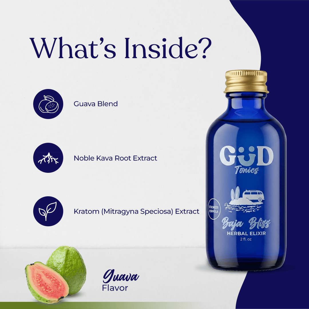 GUD Tonics Baja Bliss guava kava drink - two servings per bottle