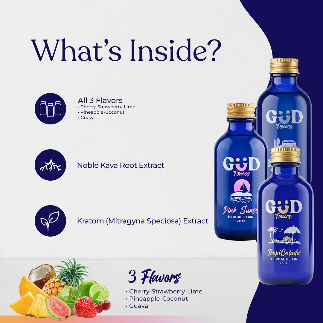 GUD Tonics bundle - full kava kratom drink lineup, two servings per bottle