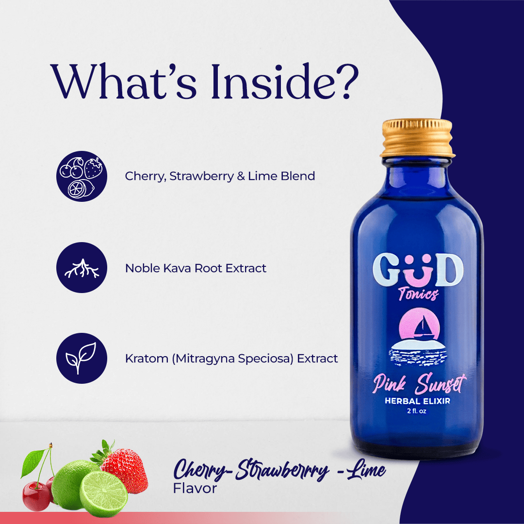 GUD Tonics Pink Sunset cherry strawberry lime kava drink - two servings per bottle