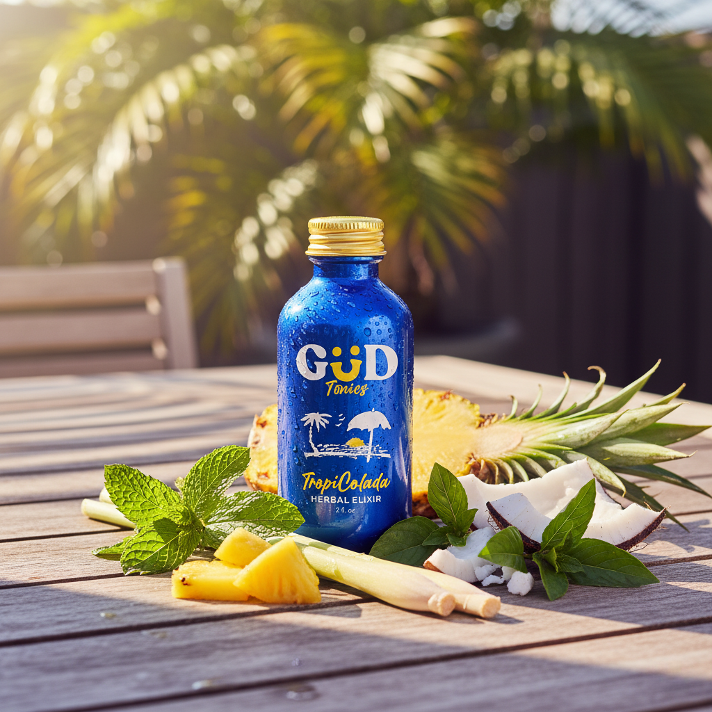 Herbal energy drinks displayed outdoors with fresh herbs